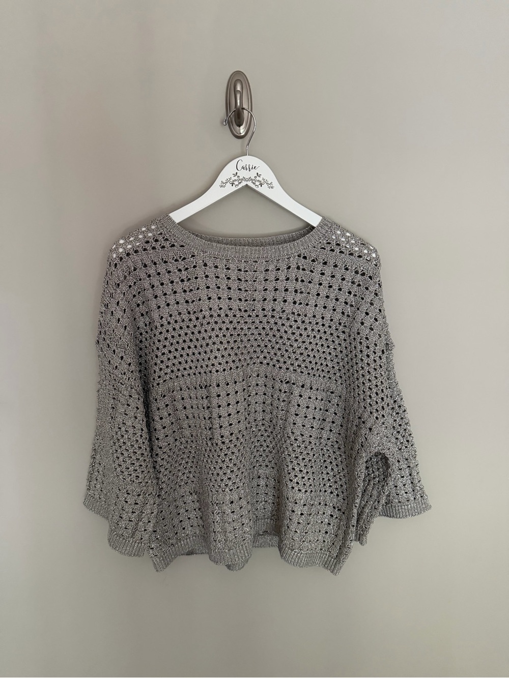 By Together Metallic Silver Open Knit Crochet Sweater Size Small